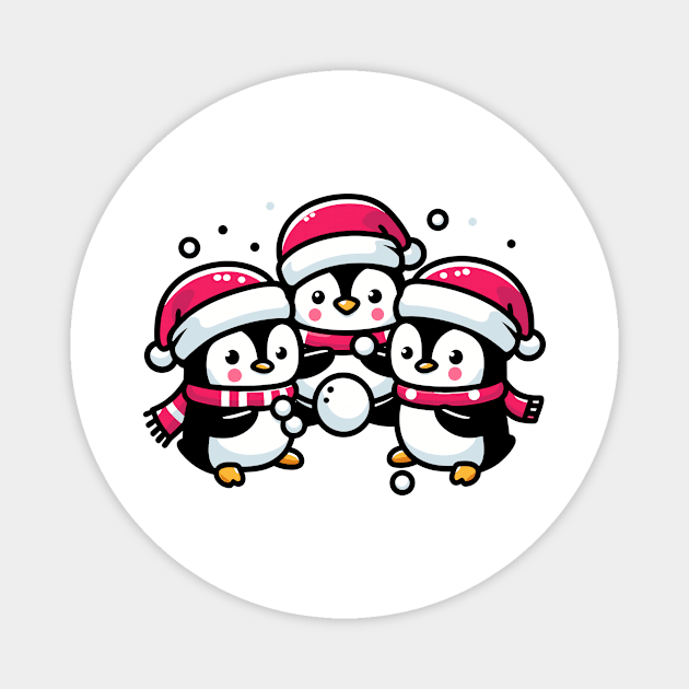 Adorable Cute Penguin Santa Hat Winter Snowball Fight Magnet by Frank Ring